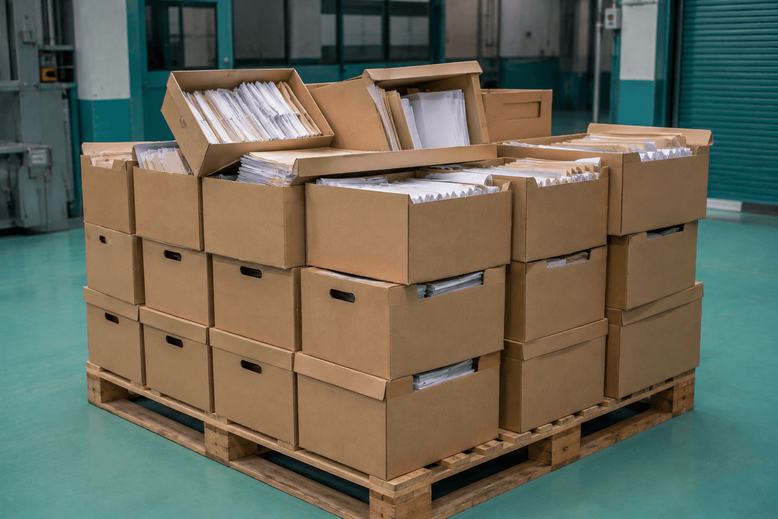 Pallet con cajas de documentos a destruir